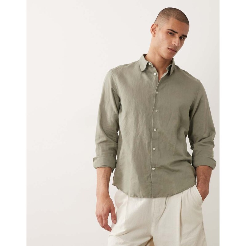 Selected linen blend long sleeved shirt in green