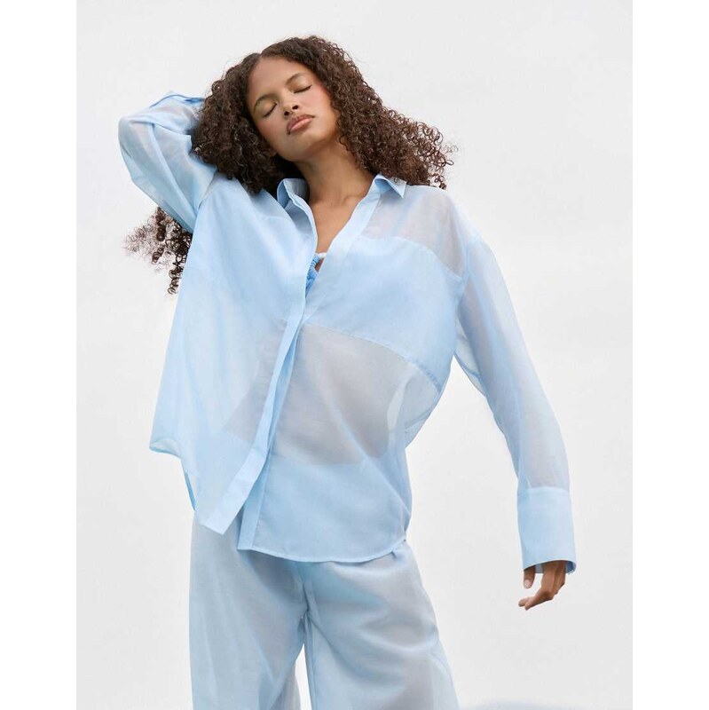4th & Reckless semi sheer longline beach shirt co-ord in light blue 115520694