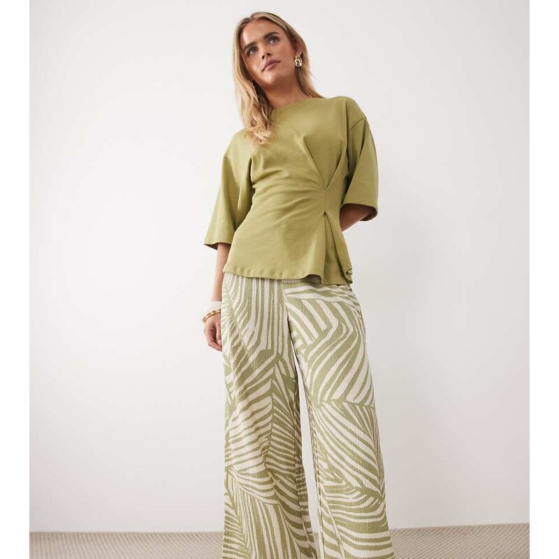 JDY Petite pull on trousers in sage abstract print-Green