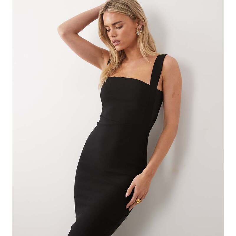 Vesper Petite bengaline square neck mesh panel dress in black