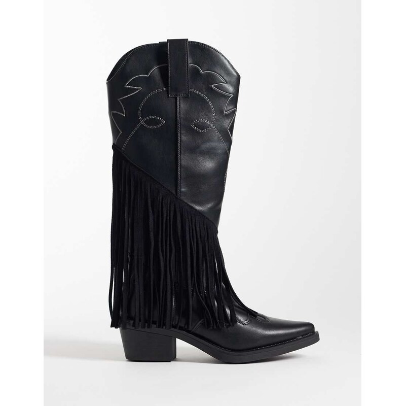 Glamorous western fringe knee boots in black