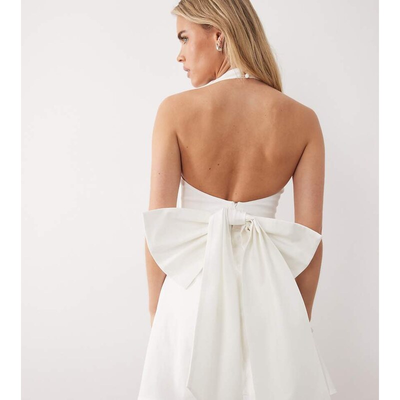 TFNC Petite Bridal halter neck bow back mini dress in ivory