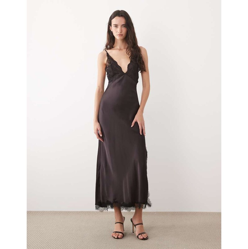 Mango satin maxi dress with delicate lace trim in deep red