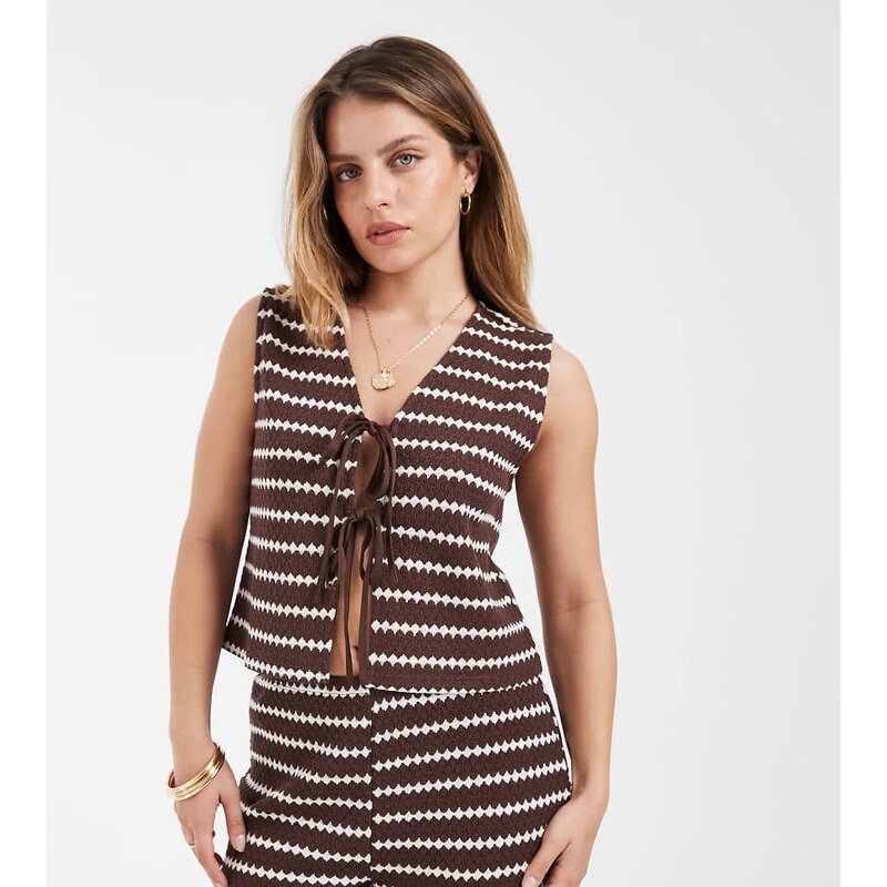 ONLY Petite knit vest co-ord in brown stripes