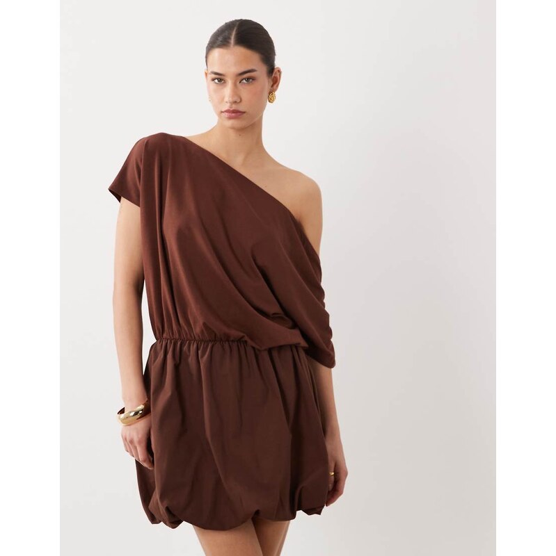 ASOS DESIGN off shoulder puffball mini dress in rum raisin-Brown