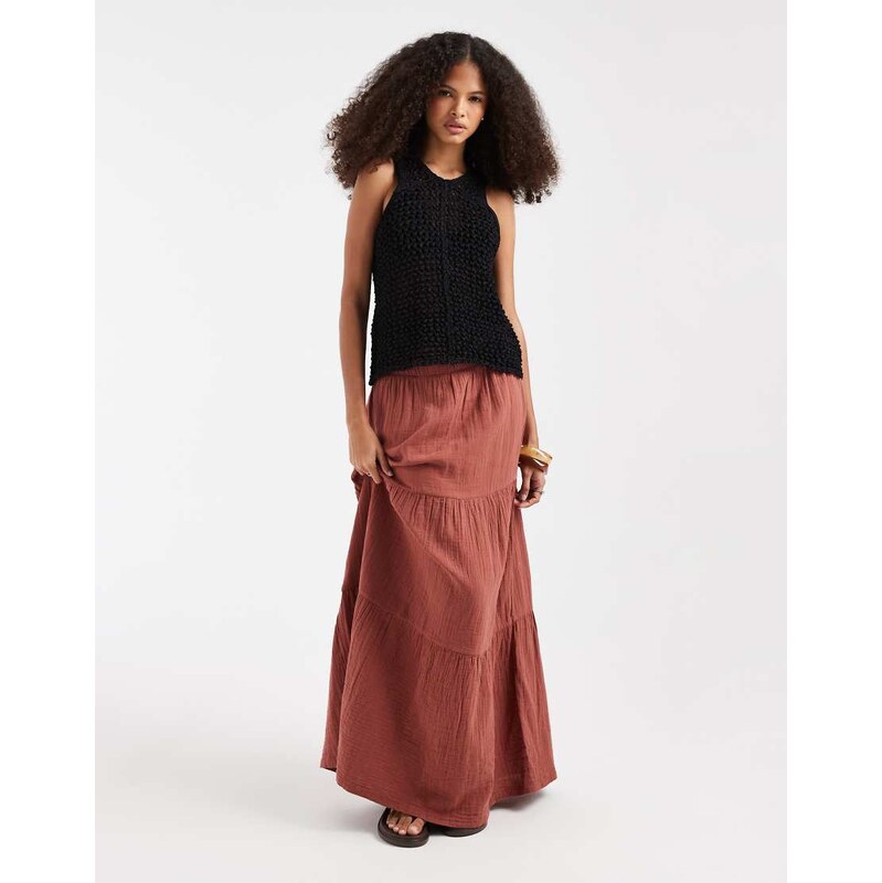 Pieces boho tiered maxi skirt in deep mahogany brown