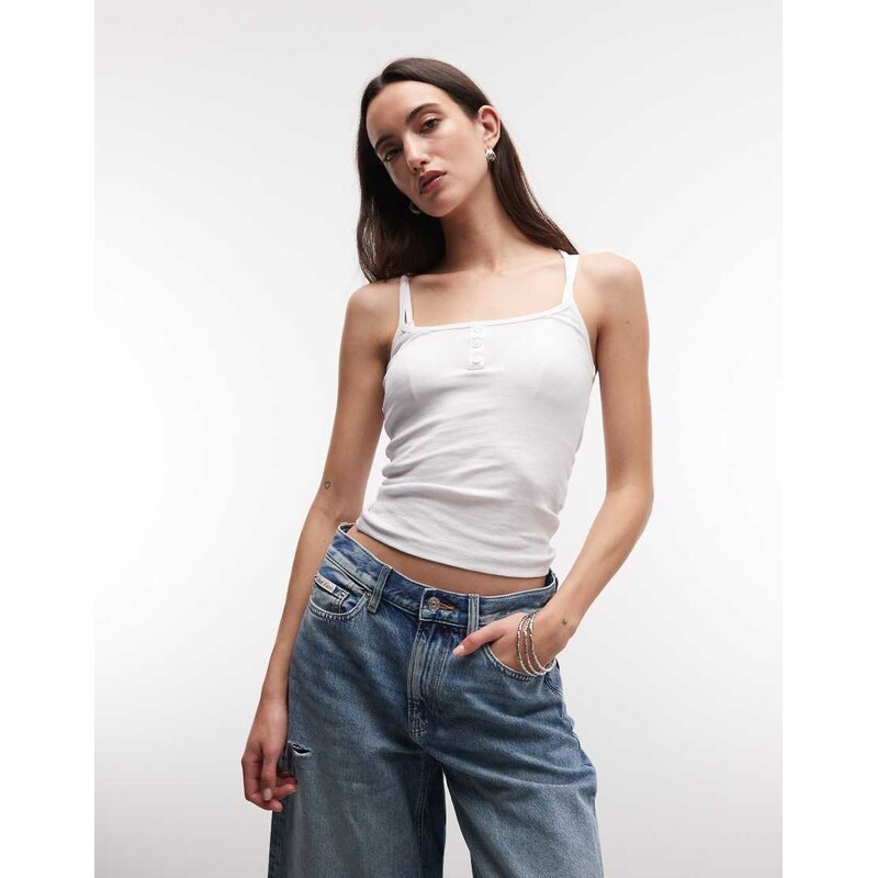 COLLUSION racer back henley cami in white