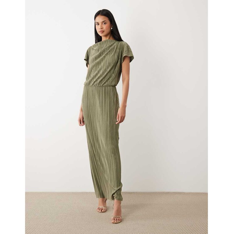 ASOS DESIGN plisse draped waist midi dress in khaki-Green