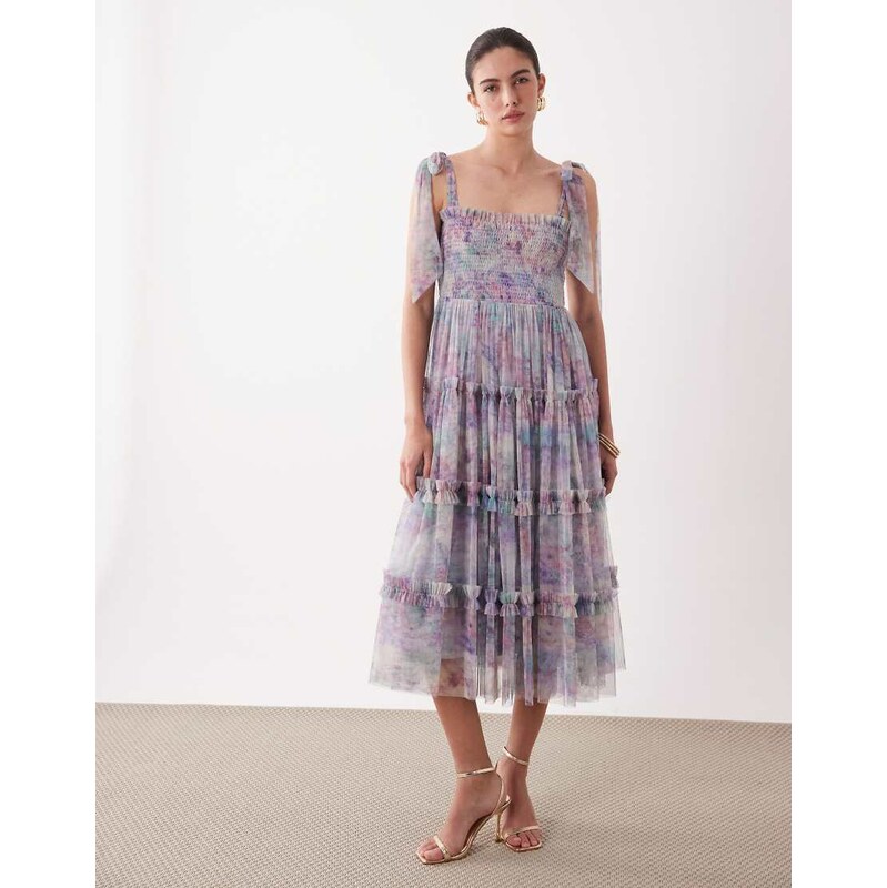 Lace & Beads bow shoulder shirred ruffle midi dress in purple