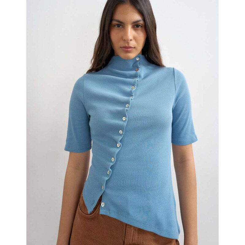 Topshop high neck ruffle button through half sleeve top in dusty