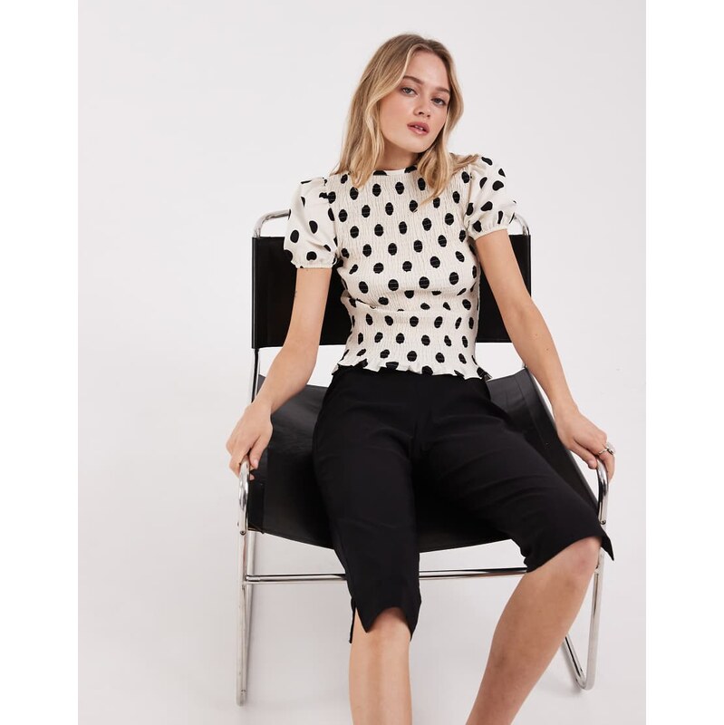 ASOS DESIGN short sleeve shirred top in cream polka dot-Multi 114850051