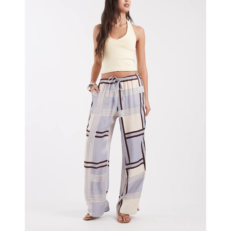 ASOS DESIGN satin wide leg trouser co ord in check-Multi