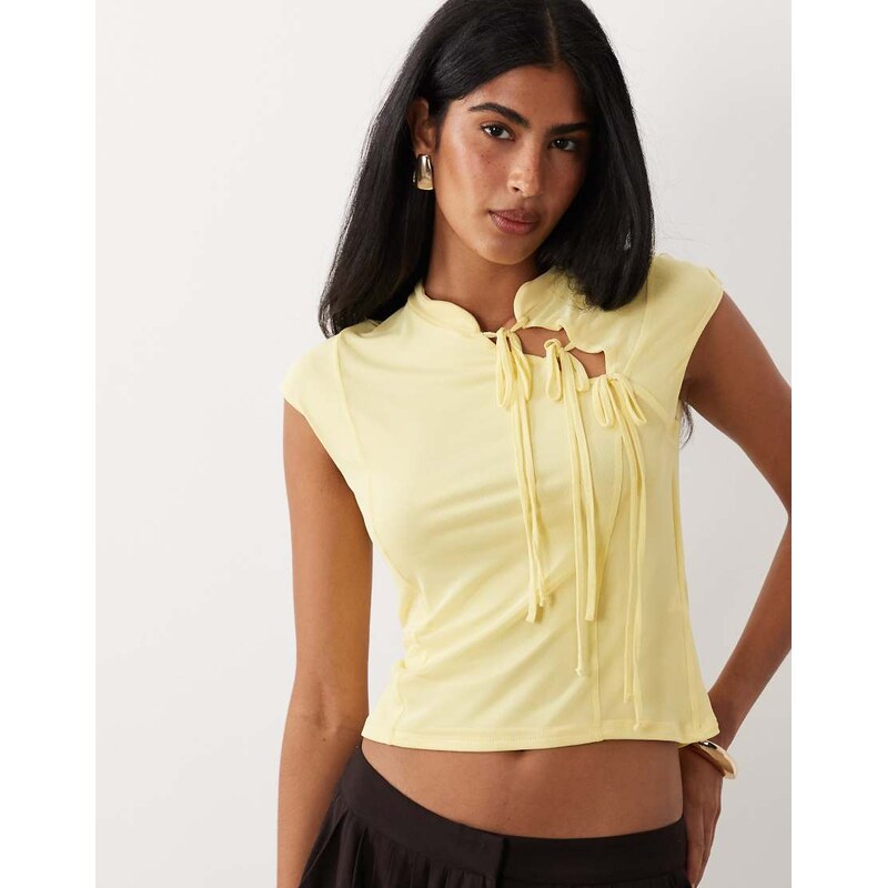 ASOS DESIGN mesh capped sleeve tie detail top in yellow