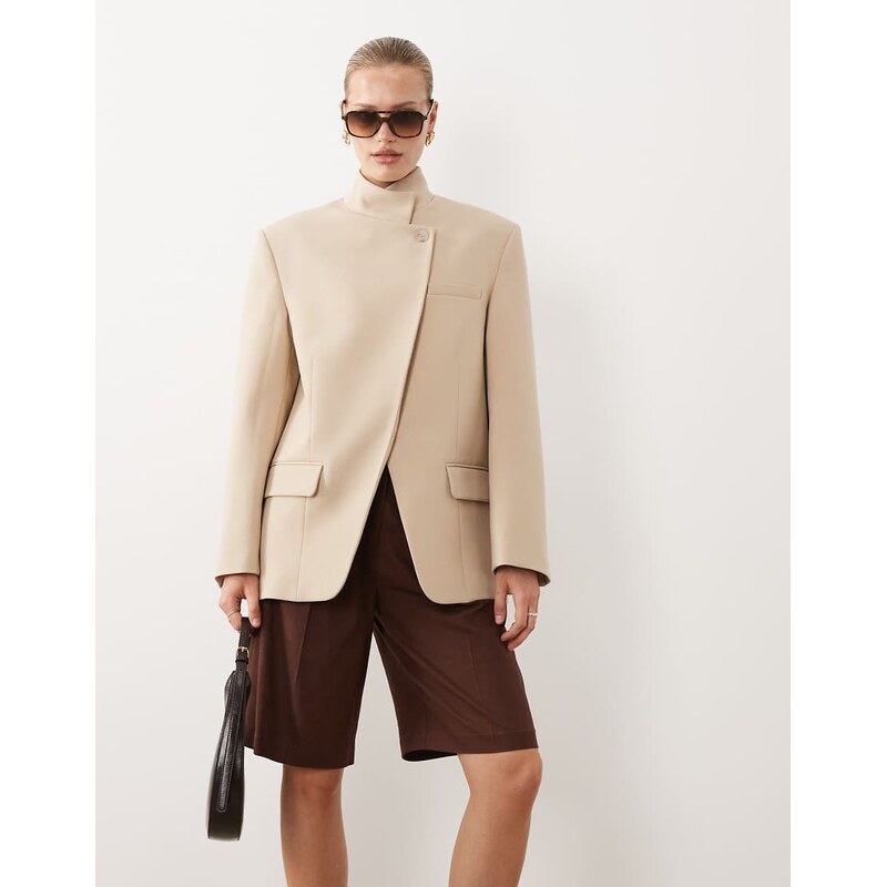 ASOS DESIGN funnel neck wrap blazer in camel-Neutral