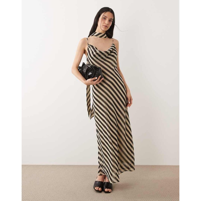 Mango scoop neck strappy maxi dress with scarf detail in beige