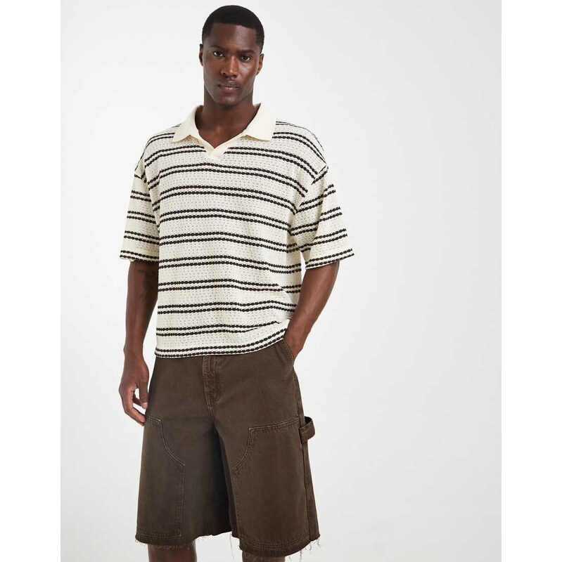 ASOS DESIGN boxy oversized polo in brown stripes textured fabric-Multi