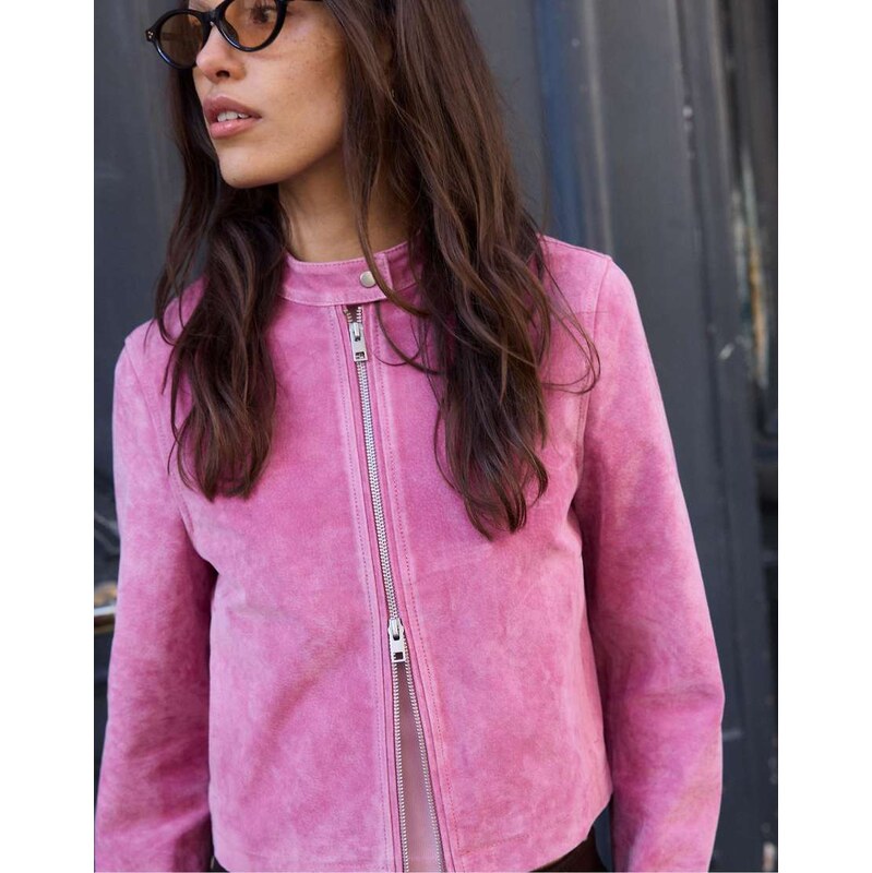 Stradivarius 100% leather biker jacket in bubblegum pink 114850102