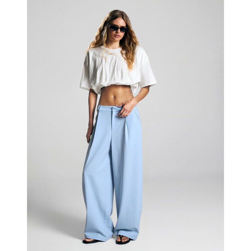 Bershka Double fabric voluminous trousers in light blue
