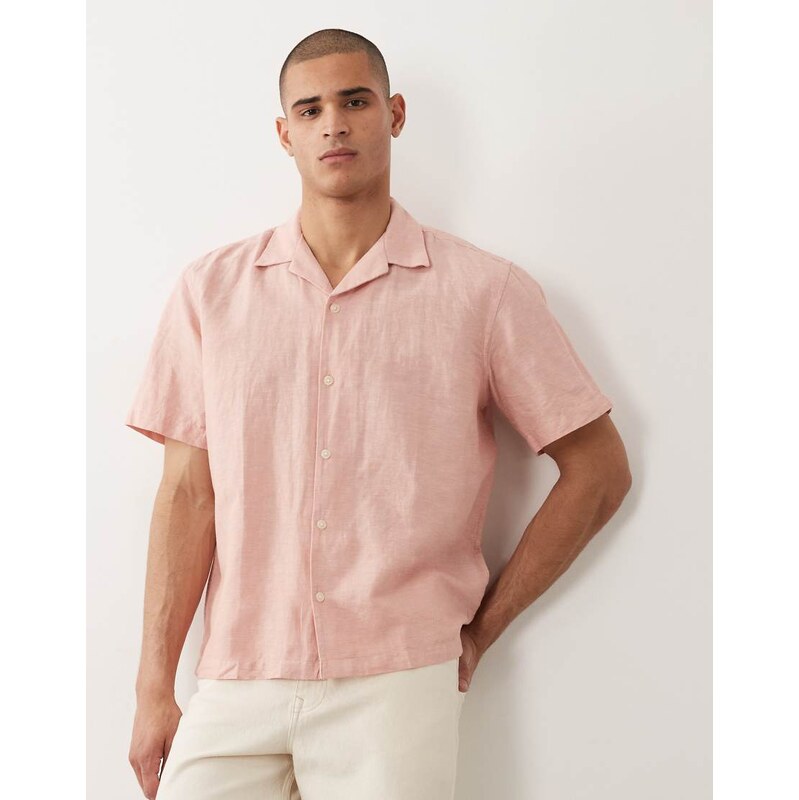 Selected linen blend short sleeve shirt in light pink