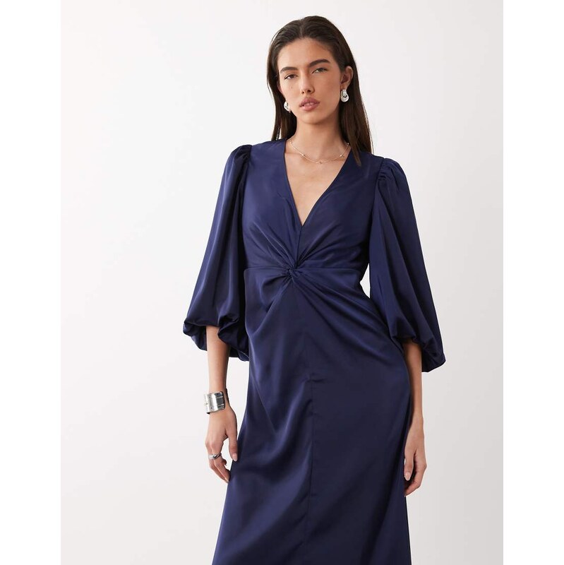 YAS knot front volume sleeve satin midi dress in dark navy