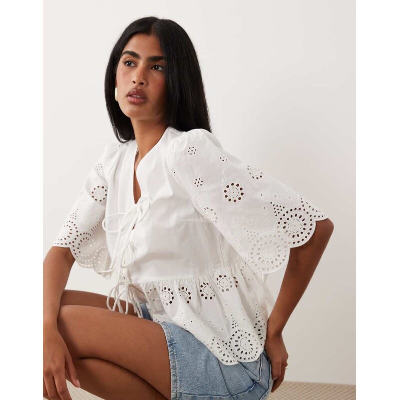 YAS tie front cotton broderie top in white