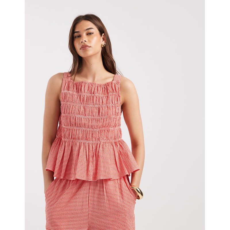 AWARE shirred seersucker peplum top co-ord in red and white check 115522021