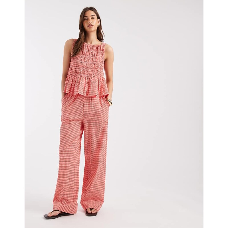 AWARE seersucker relaxed trouser co-ord in red and white check 115522022