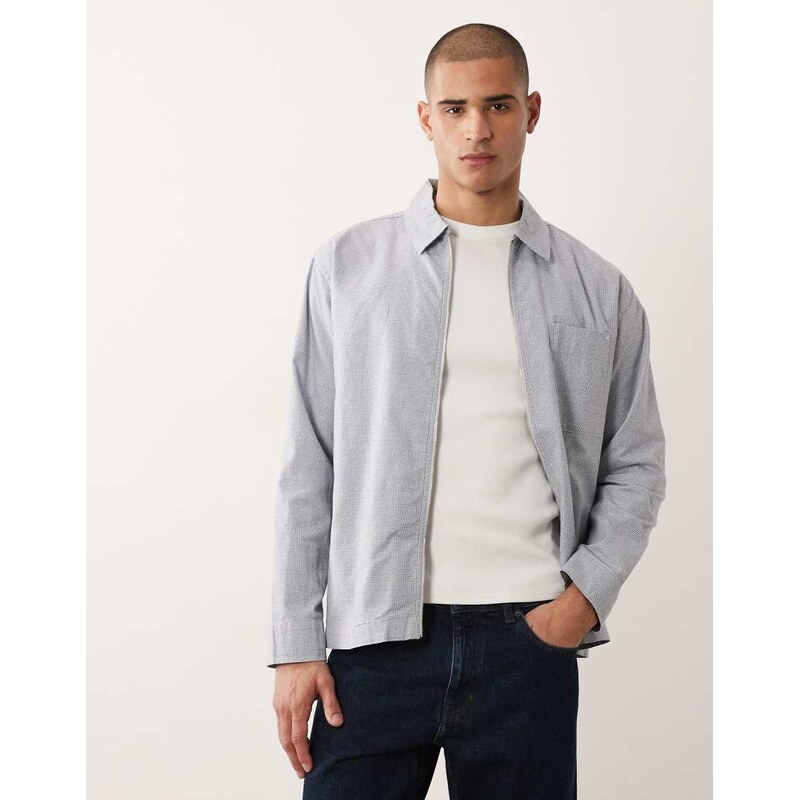 Selected 100% cotton double zip overshirt in blue micro check