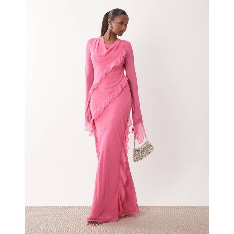 Daska chiffon high cowl neck frill detail maxi dress in pink 115522143