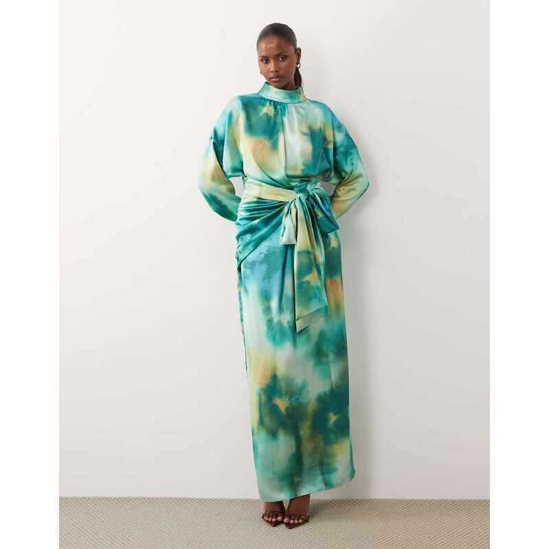 Daska satin high neck long sleeve knot detail maxi dress green blur 114853739