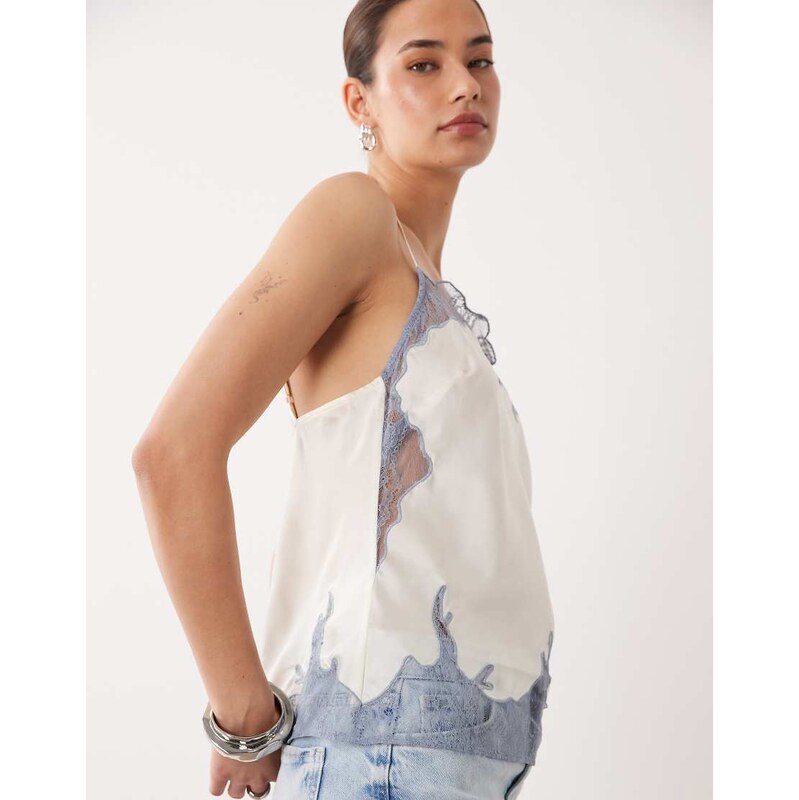 ASOS DESIGN square neck lace insert cami in cream-White