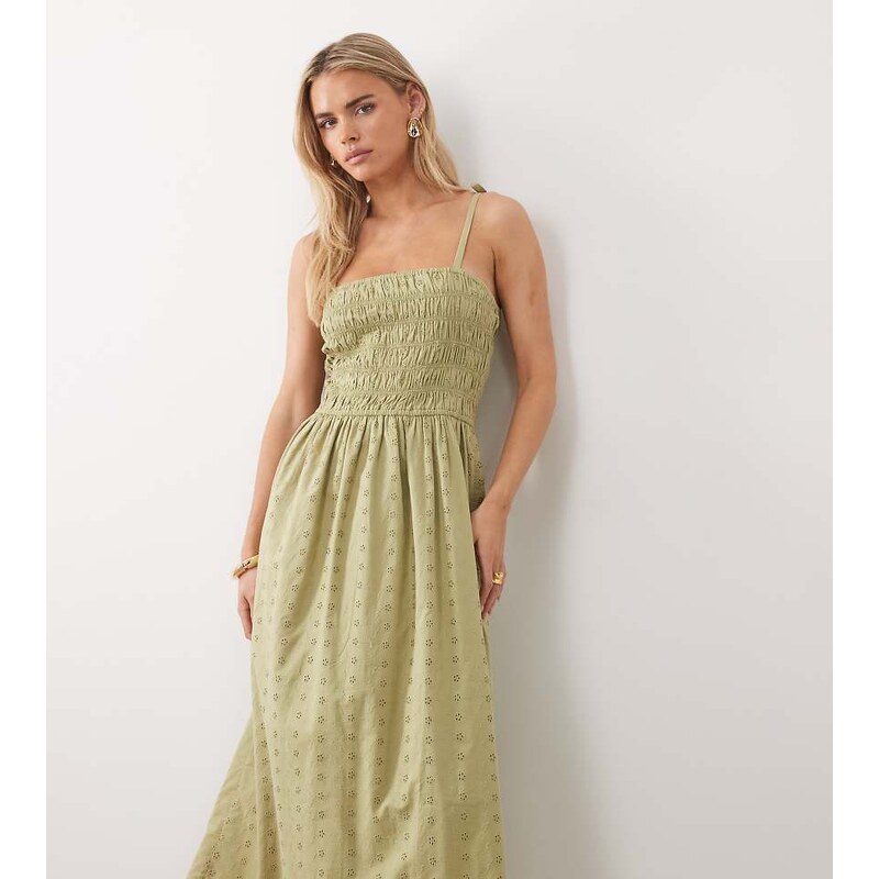 Miss Selfridge Petite strappy broderie maxi dress in sage-Green 115520025