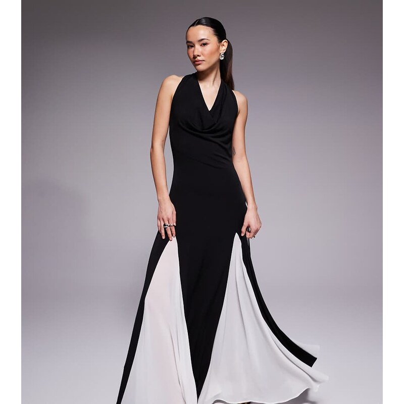TFNC Petite halter neck chiffon contrast godet maxi dress in