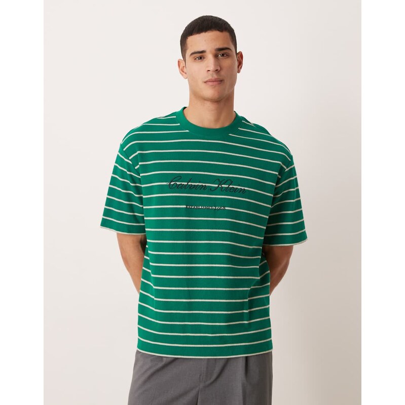 Calvin Klein Jeans relaxed fit pique t-shirt in green stripe
