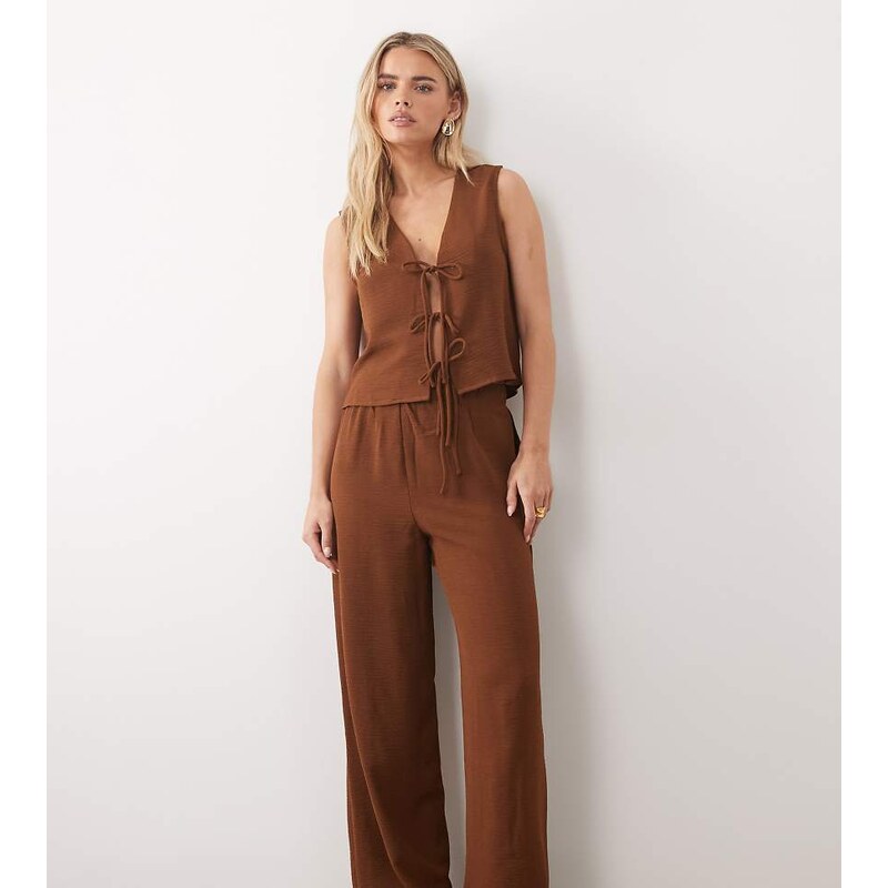 Vila Petite wide leg textured trousers co-ord in carafe brown
