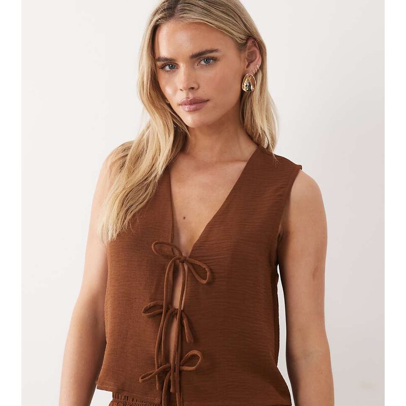 Vila Petite tie front textured vest co-ord in carafe brown