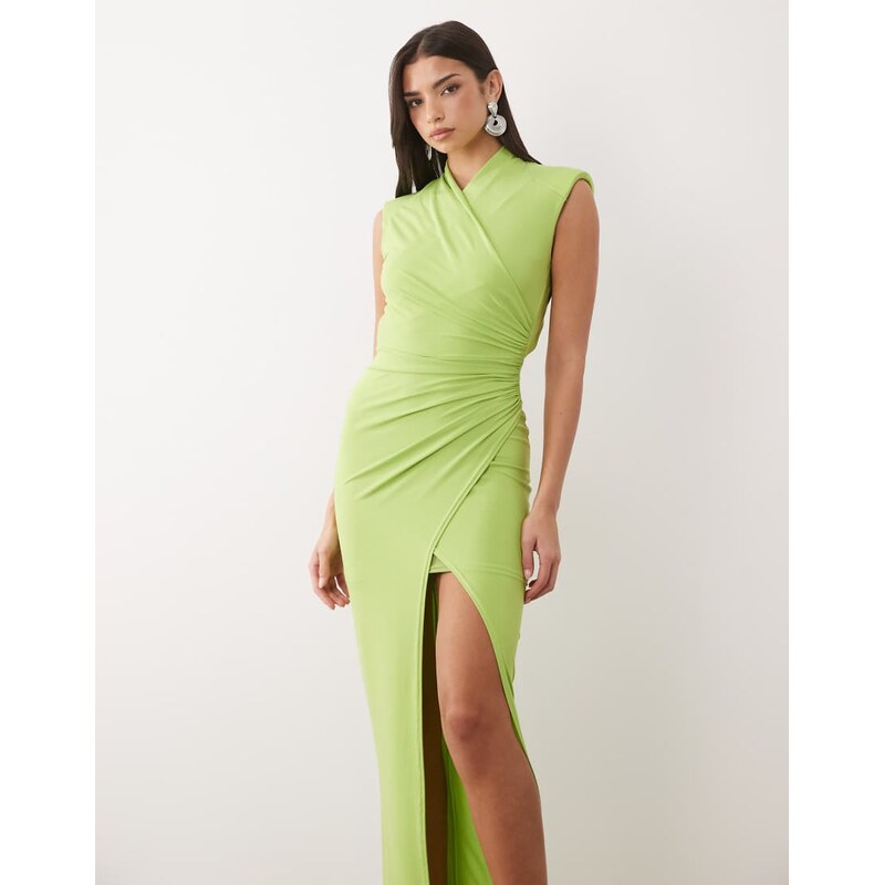 TFNC slinky wrap front leg split open back maxi dress in lime