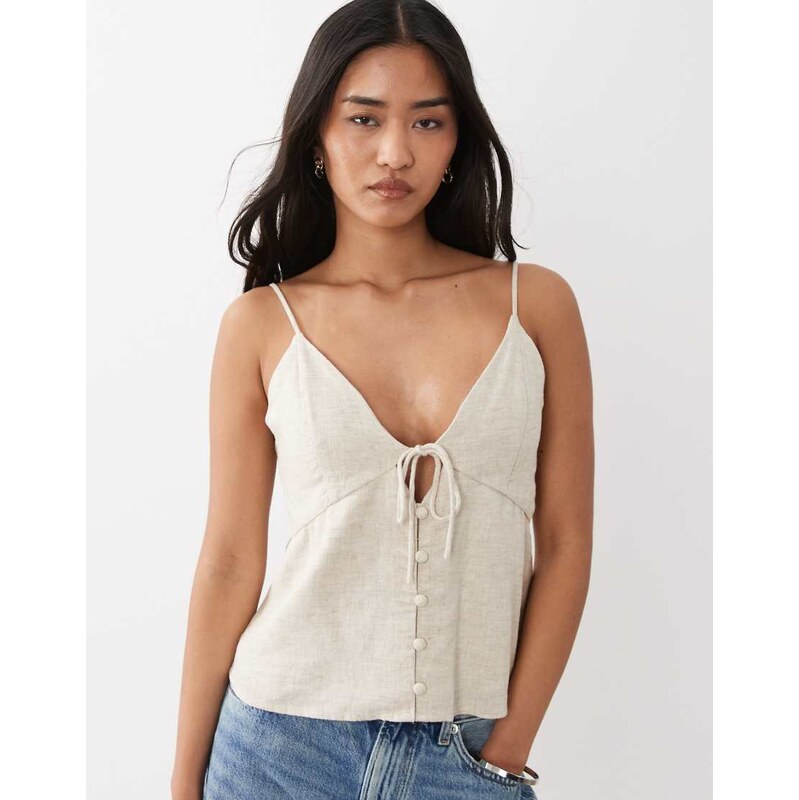 Abercrombie & Fitch linen blend v neck cami top in beige-Neutral
