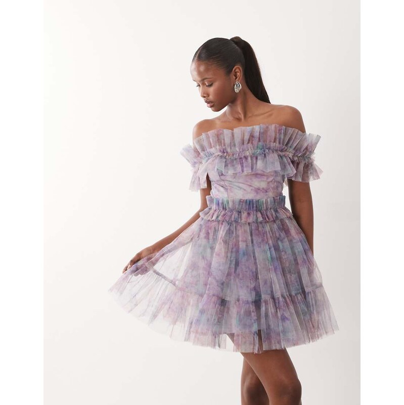 Lace & Beads tulle bandeau ruffle detail mini skater dress in