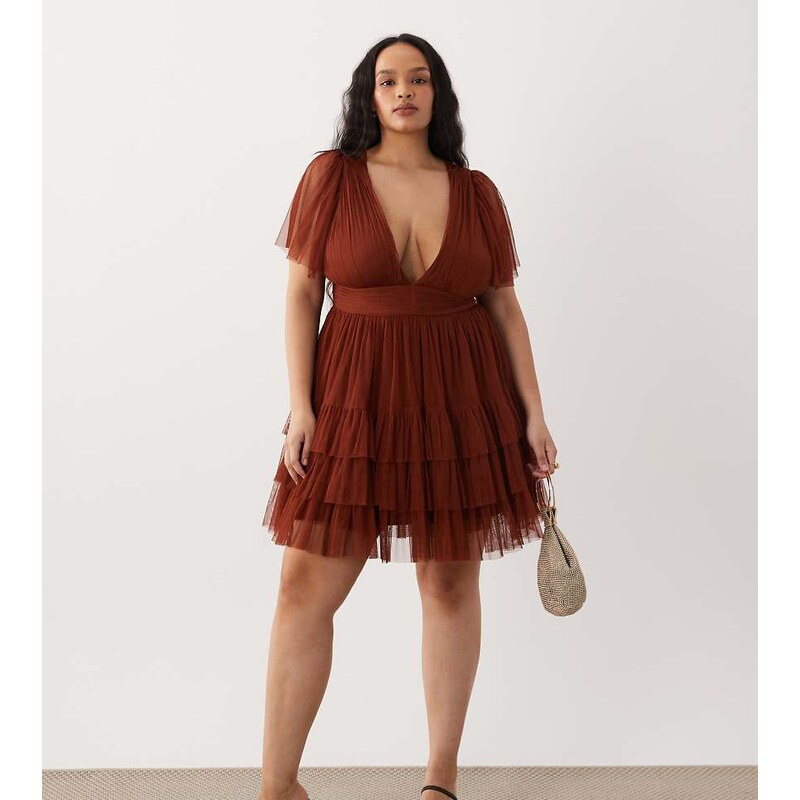 Lace & Beads Plus v neck ruffle skirt mini dress in rust-Orange