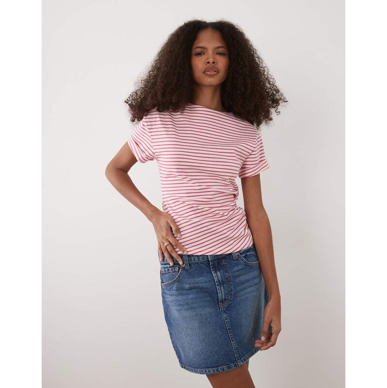 ASOS DESIGN turn up sleeve ruched side t-shirt in pink and white