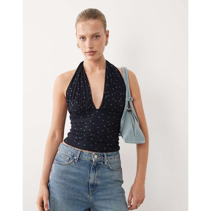 Abercrombie & Fitch mesh multiway tie up top in navy polka dot 114853833