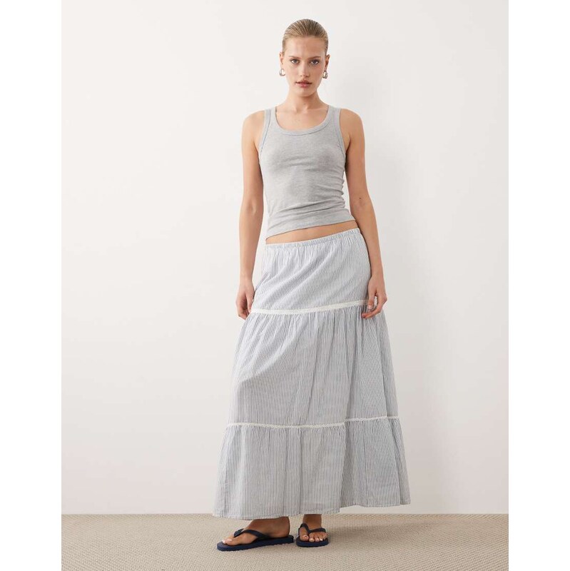 Abercrombie & Fitch tiered maxi skirt in blue stripe