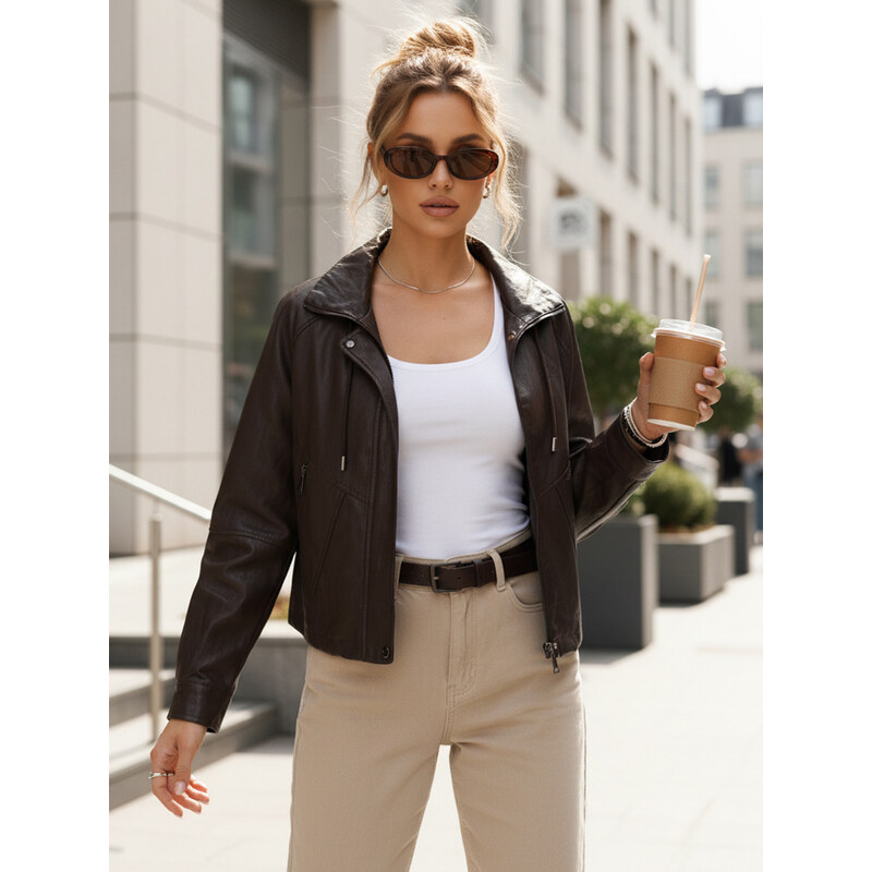 BASIC Dámská oversize bunda z eko-kůže hnědá