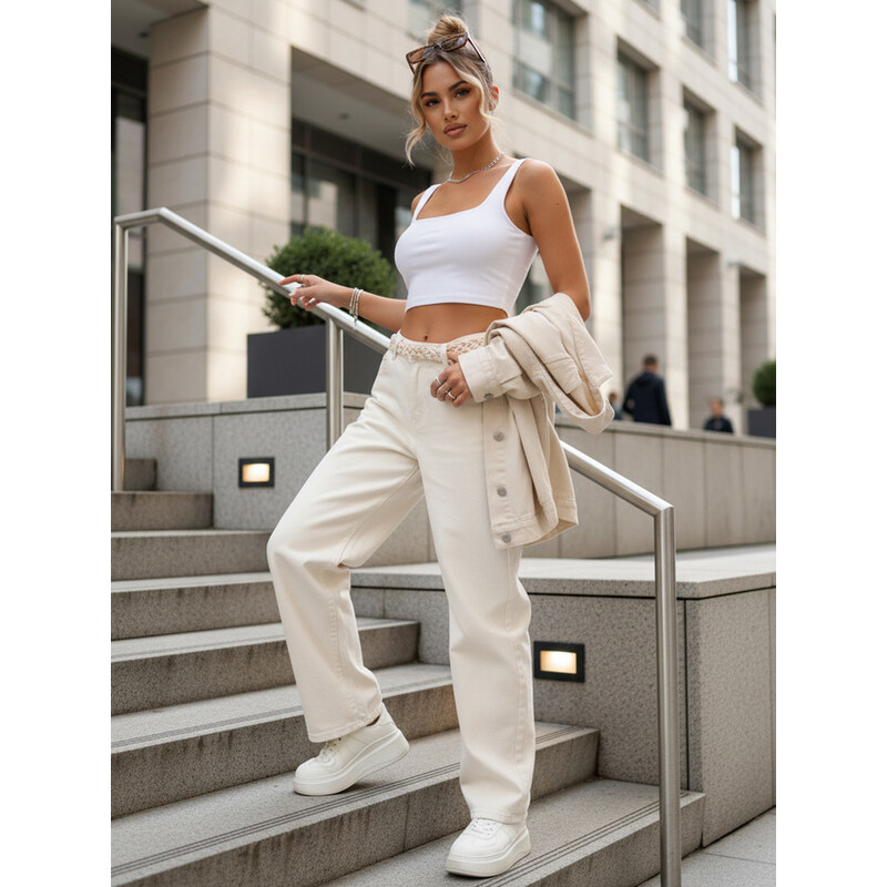 BASIC Dámské baggy jeans s vysokým pasem béžové Béžová