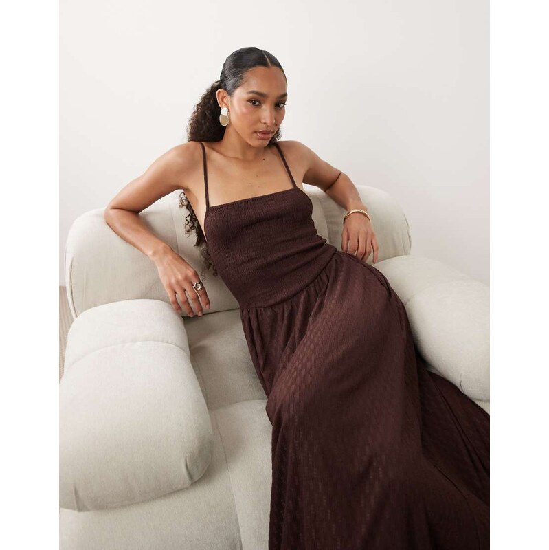 Brave Soul textured jersey dress with shirred bodice in chocolate 114976948