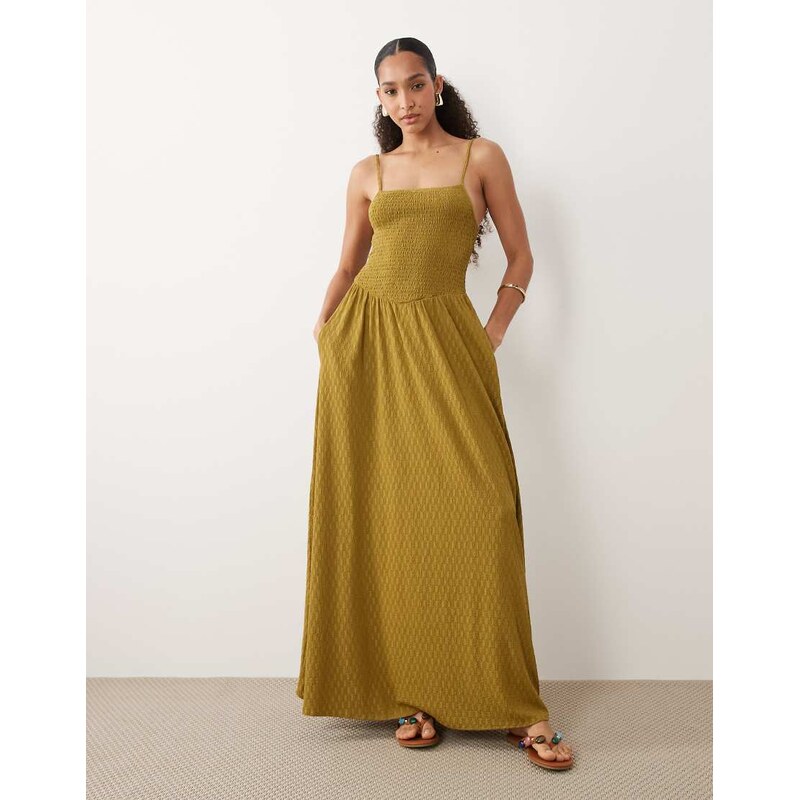 Brave Soul textured jersey dress with shirred bodice in olive-Green 114983826