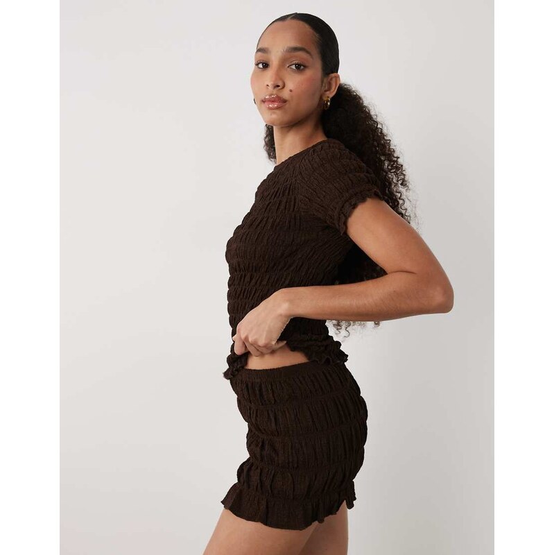 Brave Soul Co-ord ruched mini shorts with ruffle detail in chocolate 114969189