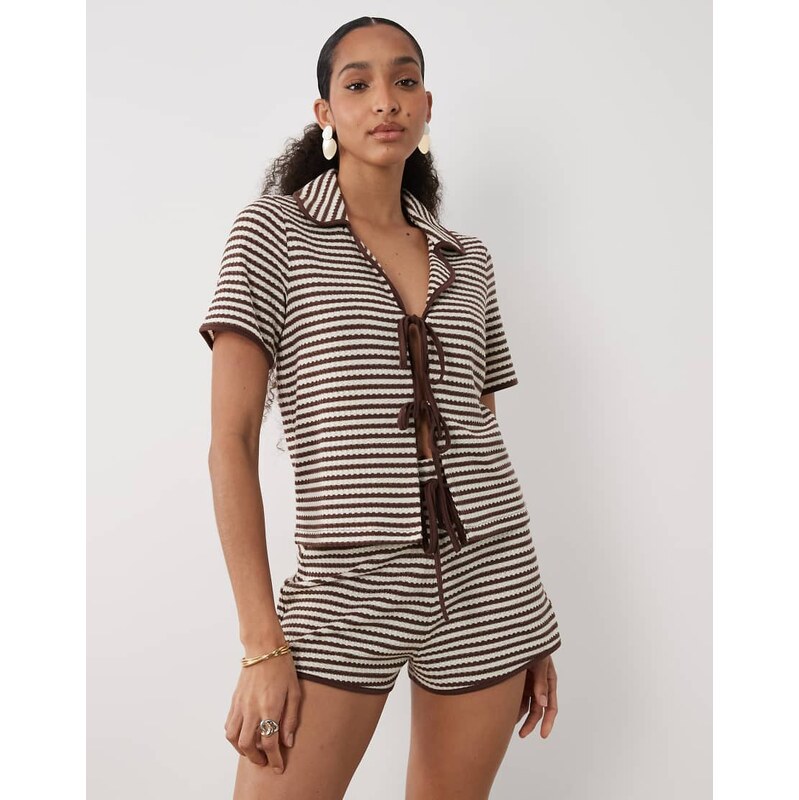 Brave Soul Co-ord tie front crochet shorts in brown and cream stripe 114958831