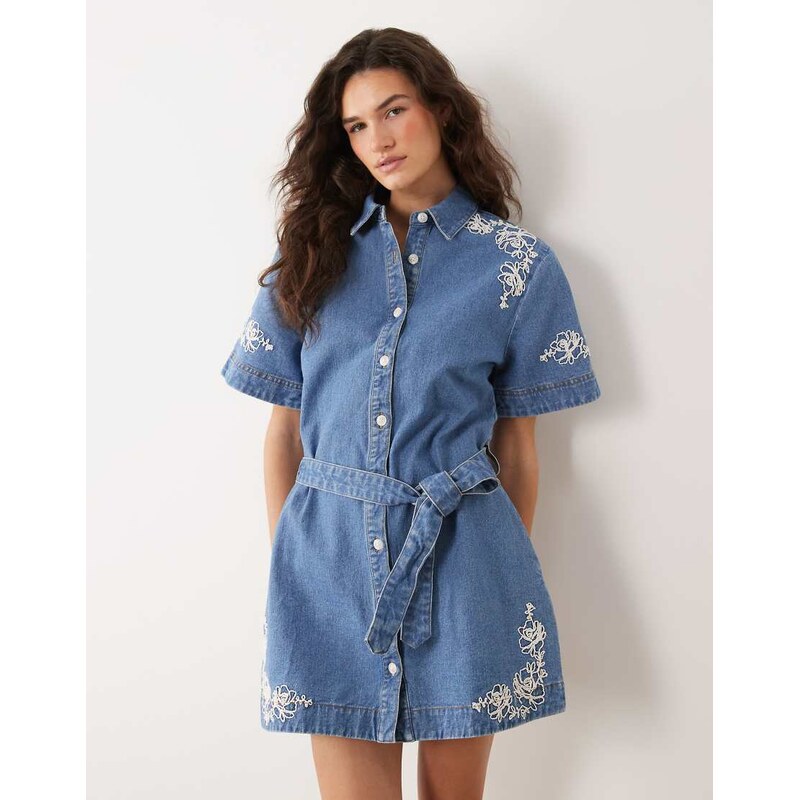 Miss Selfridge embroidered denim dress with belt in blue wash